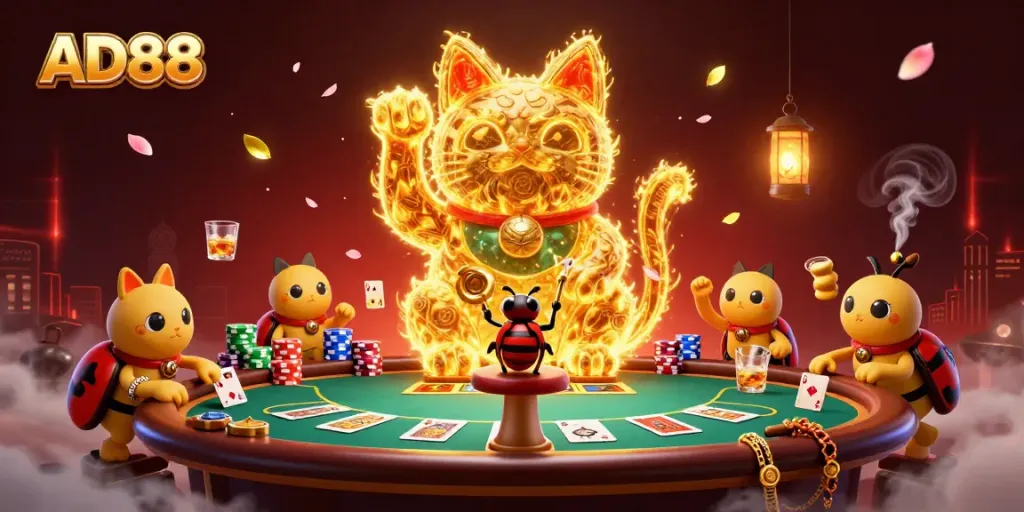 Engage with AD88's exciting gaming world featuring a lucky cat and vibrant casino elements.