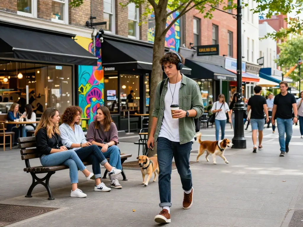 Look at here now: Young person enjoying vibrant urban life while listening to music.