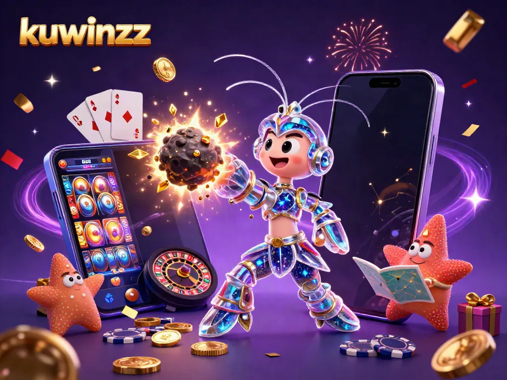 Win big at kuwinzz with this dynamic 3D scene showcasing an exciting casino adventure.