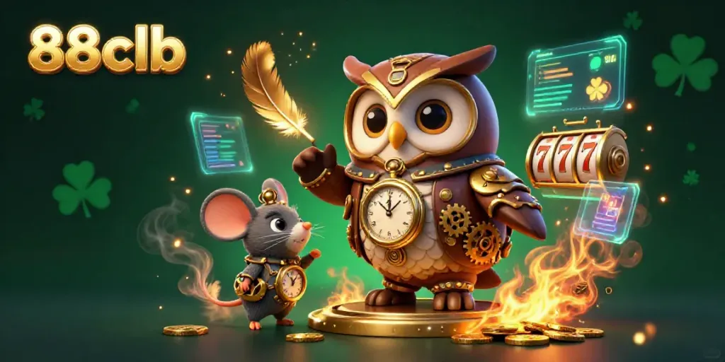 Experience the thrill of gaming with the 88clb time-traveler owl and slot elements in a vibrant casino scene.