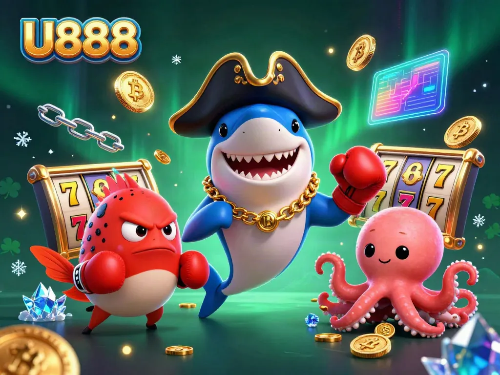 Engage with thrilling slots at U888, featuring dynamic 3D characters in a vibrant casino scene.