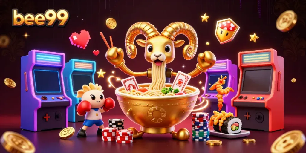 Experience excitement with bee999’s cartoon characters in a vibrant casino-themed digital illustration.