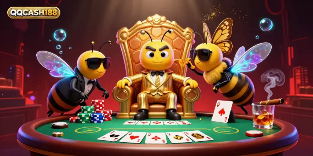 Engage with QQCASH188’s lively casino scene featuring a bumblebee mob boss, poker elements, and vibrant effects.