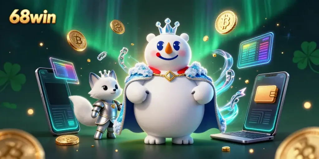 Experience thrilling moments with 68win's captivating 3D casino illustration showcasing ice king polar bear and snow fox.