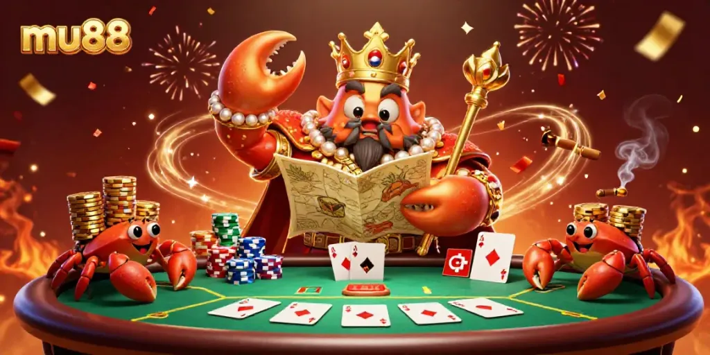 Engage in immersive gaming with mu88's vibrant casino scene featuring a golden crab emperor and poker elements.