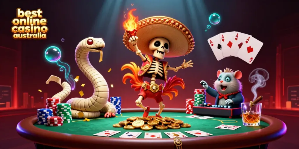 Experience the excitement of the best online casino Australia with a vibrant 3D scene showcasing gambling characters and elements.