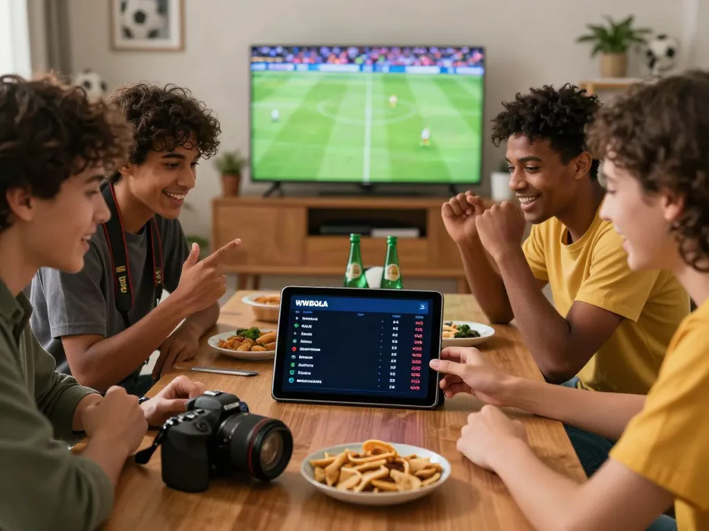Friends engaging in live soccer betting on WWBOLA displayed on a tablet, in a cozy living room.