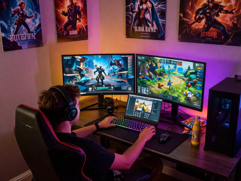 Player engaging in immersive porn games in a vibrant gaming nook with dual monitors and ambient lighting.