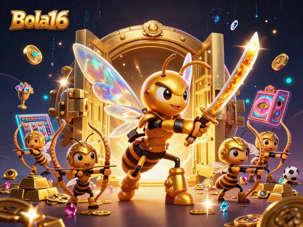 Bola16 showcases powerful samurai hornet and bee archers amidst treasures in a vibrant casino scene.