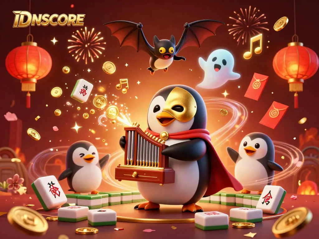 Experience the vibrant casino magic with IDNSCORE as a penguin plays a golden organ with coins cascading around.