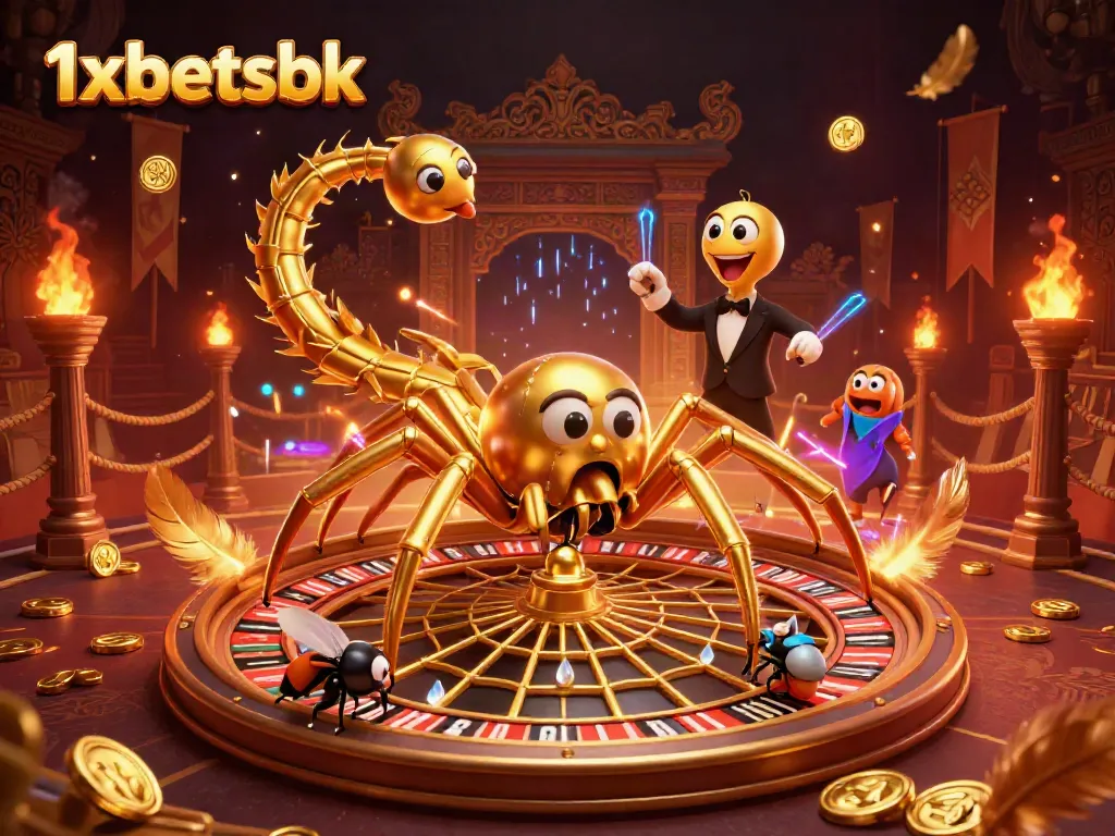 Experience the thrill of 1xbetsbk with a dynamic scene of a golden spider, bettors, and vibrant casino elements.