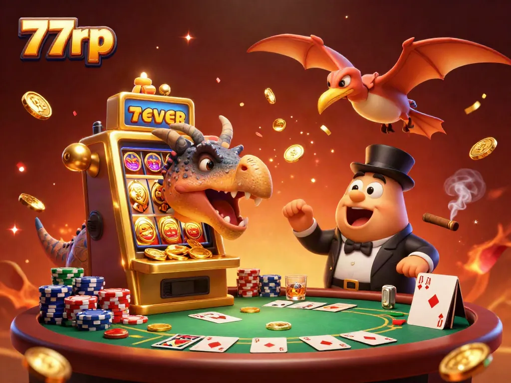 Experience a vibrant scene of 77rp where a pachycephalosaurus hits a slot machine, with casino elements celebrating a jackpot.