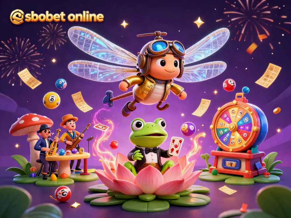 Experience sbobet online with a dynamic 3D scene featuring a dragonfly pilot, frog croupier, and vibrant casino elements.