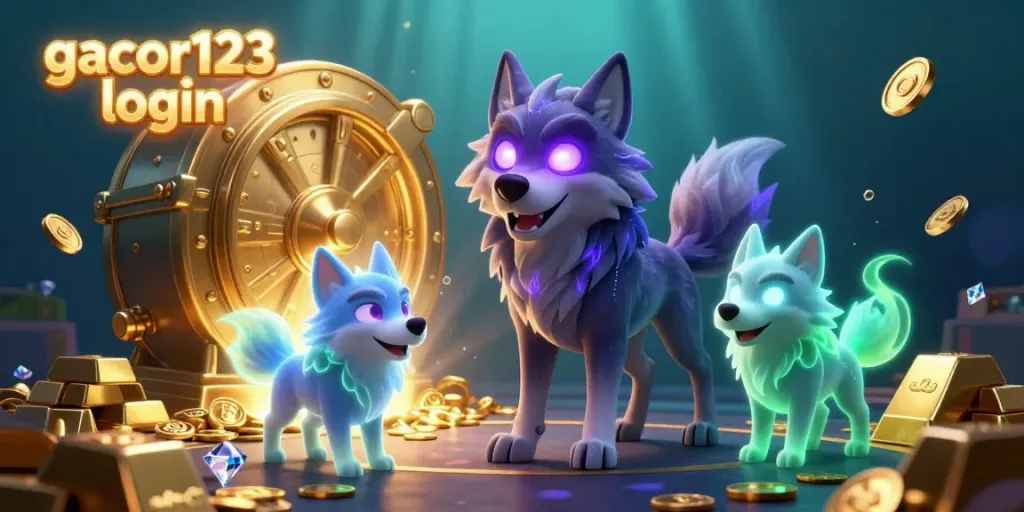 Engage in sports betting action at gacor123 login with animated wolves and treasure elements.