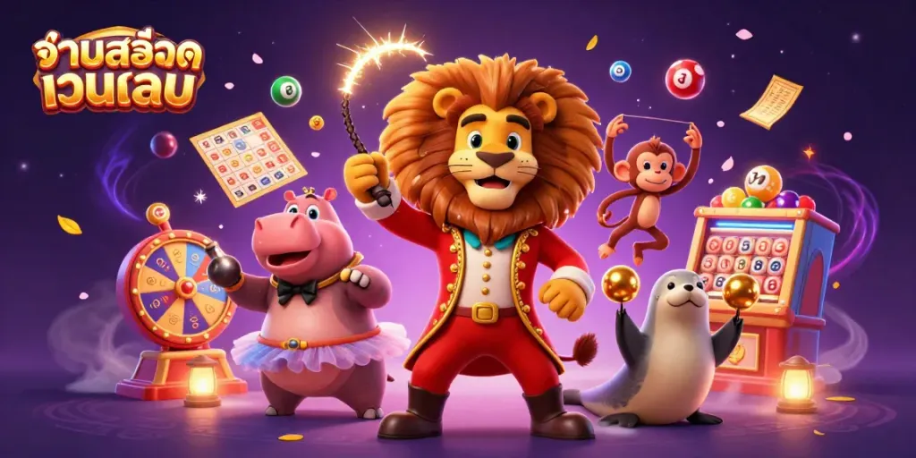 Engage players with รวมสล็อตเว็บตรง in this vibrant 3D circus setting filled with dynamic gaming elements and characters.