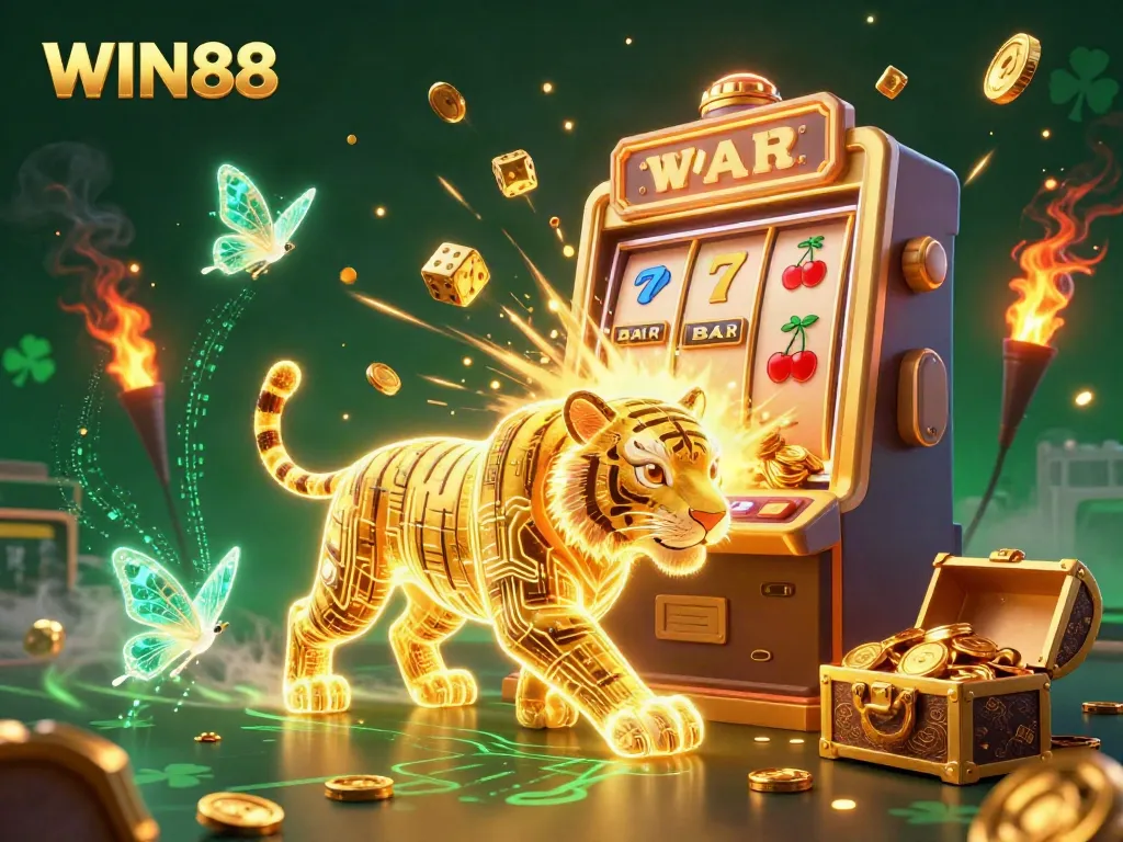 Engage with WIN88's dynamic casino landscape filled with vibrant lights, slot machines, and winning symbols.