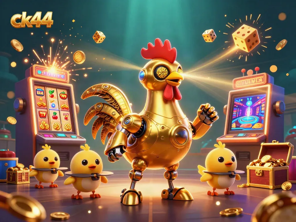 Engage players with ck44's vibrant casino-themed scene featuring retro robots and jackpots.