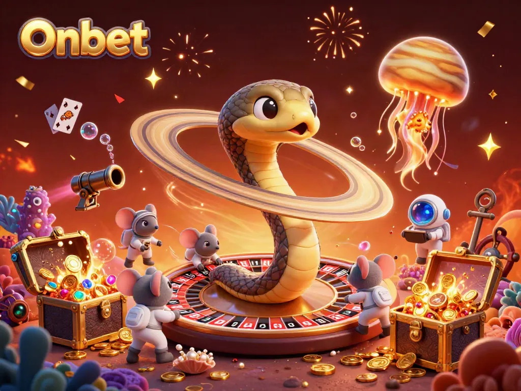 Onbet-themed illustration depicting a cosmic roulette scene with an astronaut mouse betting on Saturn's rings.