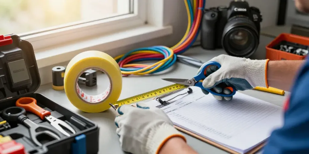 Electrician measuring Link Super33 vinyl electrical tape in a professional workspace.