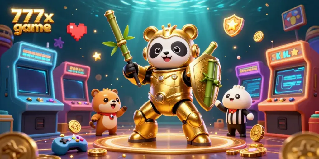 Experience the excitement of the 777x game in a vibrant casino with 3D animated characters and dynamic game elements.