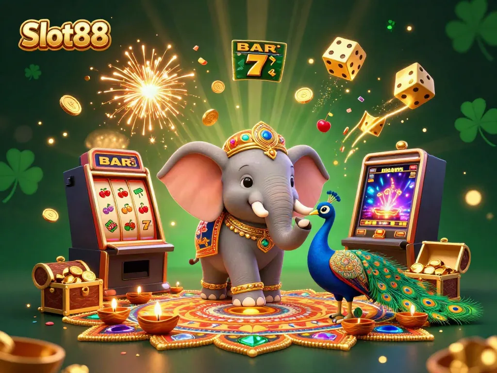 Engage with Slot88 through a vibrant 3D illustration of a jackpot scene showcasing dynamic casino elements.