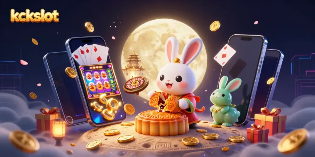 Menghasilkan kckslot yang menarik dengan kelinci bulan dan elemen kasino yang megah dalam ilustrasi 3D.