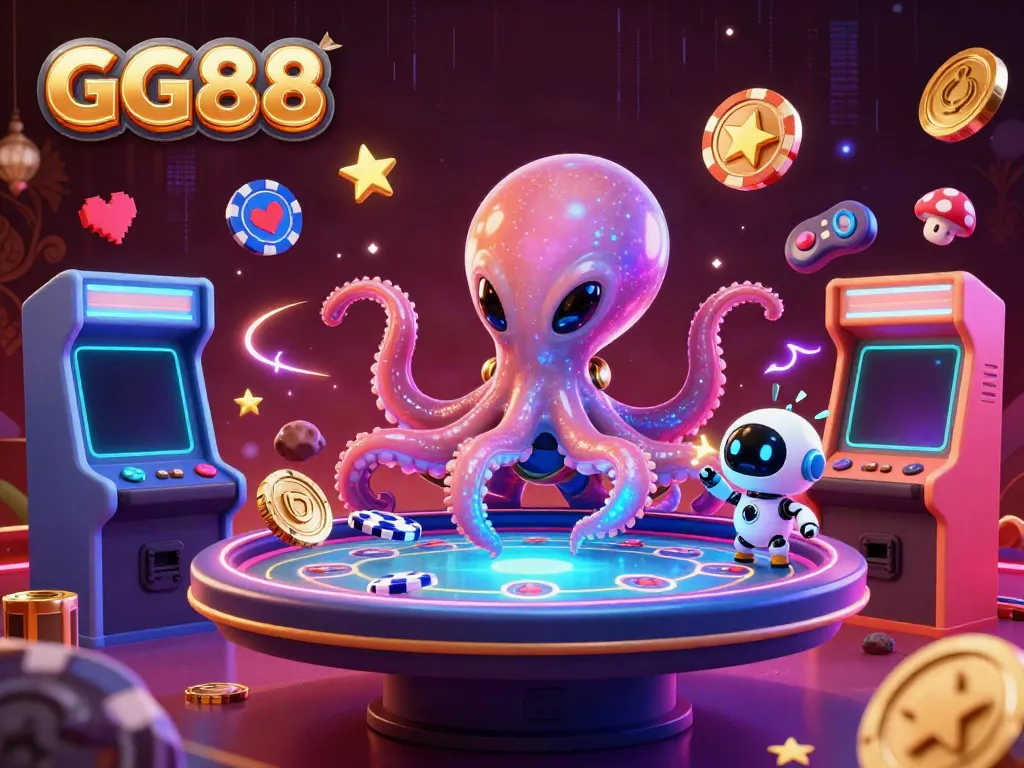 GG88 alien octopus orchestrates a vibrant poker table in an exciting casino scene.