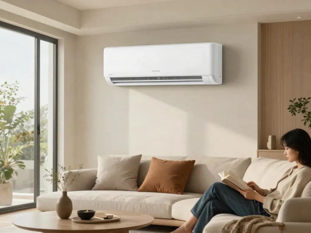 Cozy living room with a mini split ac unit, natural light, and stylish decor.