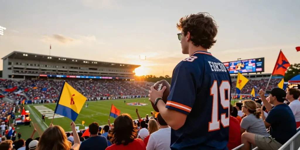 Excited fans celebrating at a TOP10สนาม during sunset, showcasing vibrant football culture.