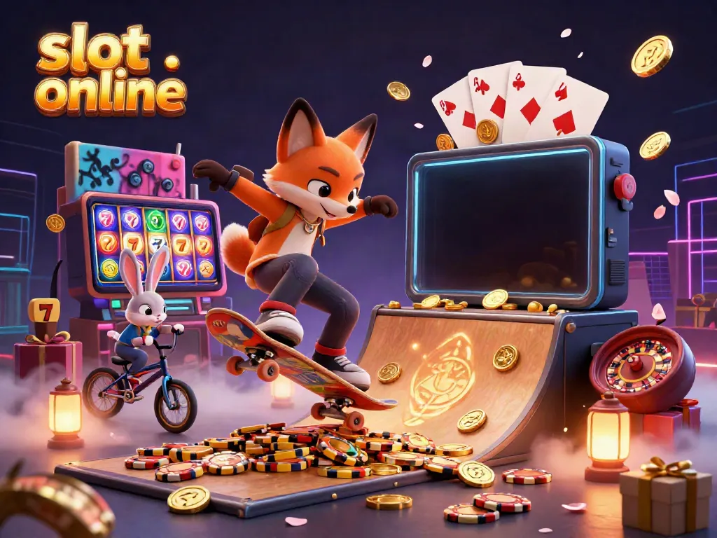 Experience thrilling slot online action with a dynamic 3D illustration featuring a fox and rabbit in a casino-themed scene.