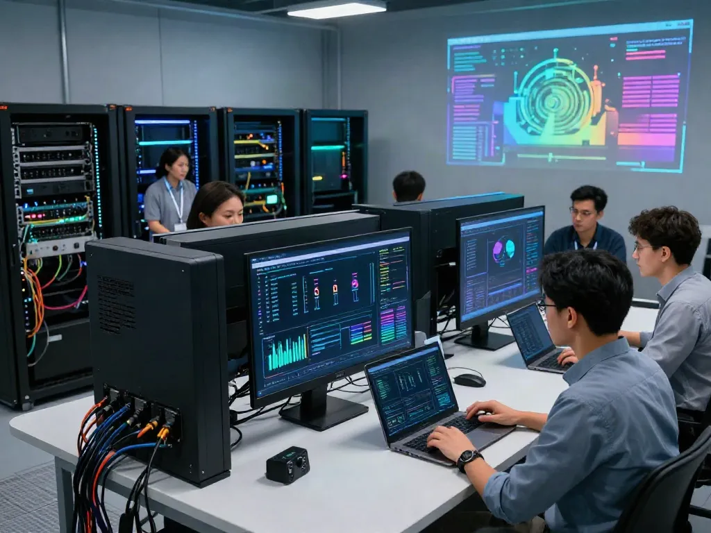 Engineers working in a modern AI data center, showcasing advanced GPU infrastructure and collaborative technology.