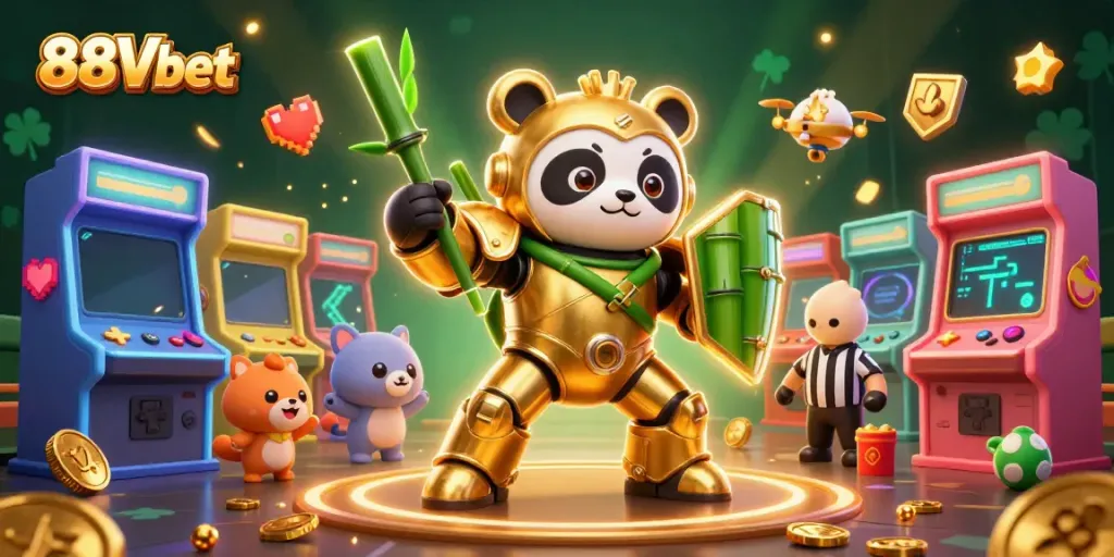Experience the excitement of gaming at 88Vbet with dynamic characters battling in a vibrant casino arena.