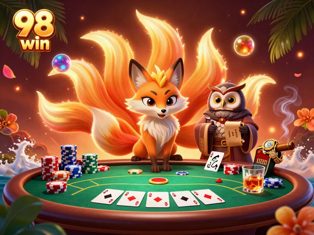 Engage with 98 win's vibrant 3D illustration showcasing a mystical fox and wise owl in a lively poker scene.