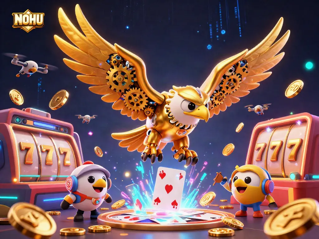 Experience the excitement of NOHU with a 3D illustration showcasing a golden eagle amidst vibrant slot machines and jackpot counters.