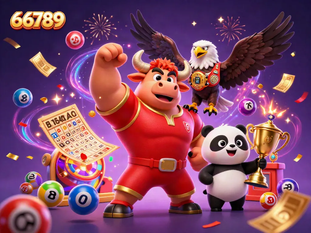 Experience the thrill of winning at 66789 with a dynamic scene featuring a bull mascot, eagle, and panda.