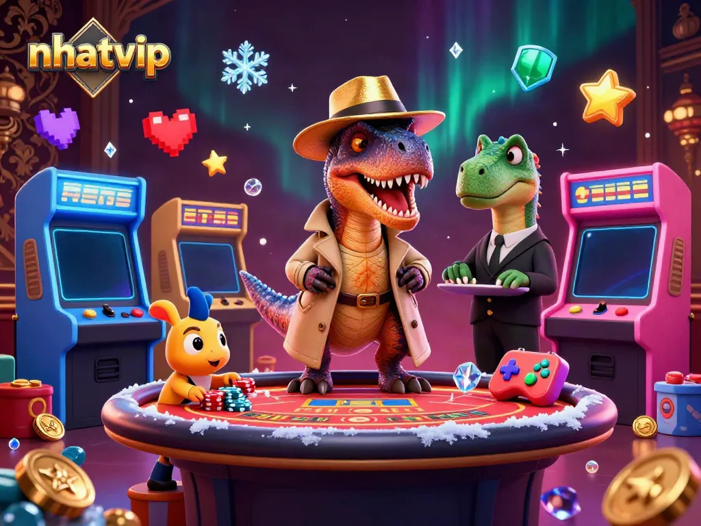 Nhatvip showcases a clever velociraptor at a blackjack table with a stegosaurus pit boss and a sneaky compy, rich in vibrant casino elements.