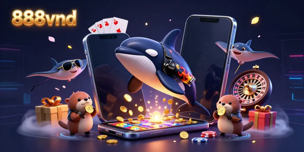 Engage in thrilling 888vnd actions featuring an orca, stingray, and otters with a dynamic casino scene.