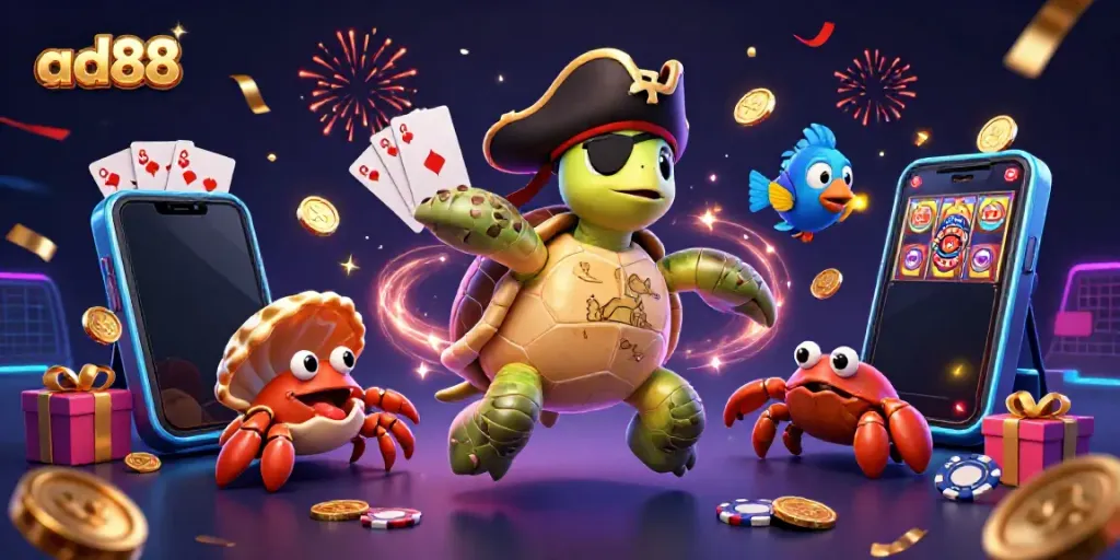 ad88 captures a vibrant casino scene with a pirate turtle, crab, and fish amidst colorful games and treasure