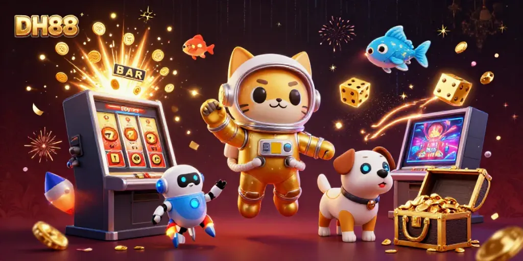 Experience a thrilling jackpot moment with DH88 as the astronaut cat and robot dog celebrate amidst dazzling casino elements.