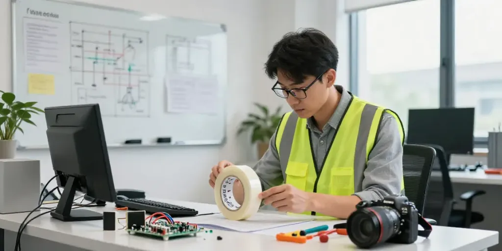Engineers examining Link Super33 electrical tape in a bright office environment.