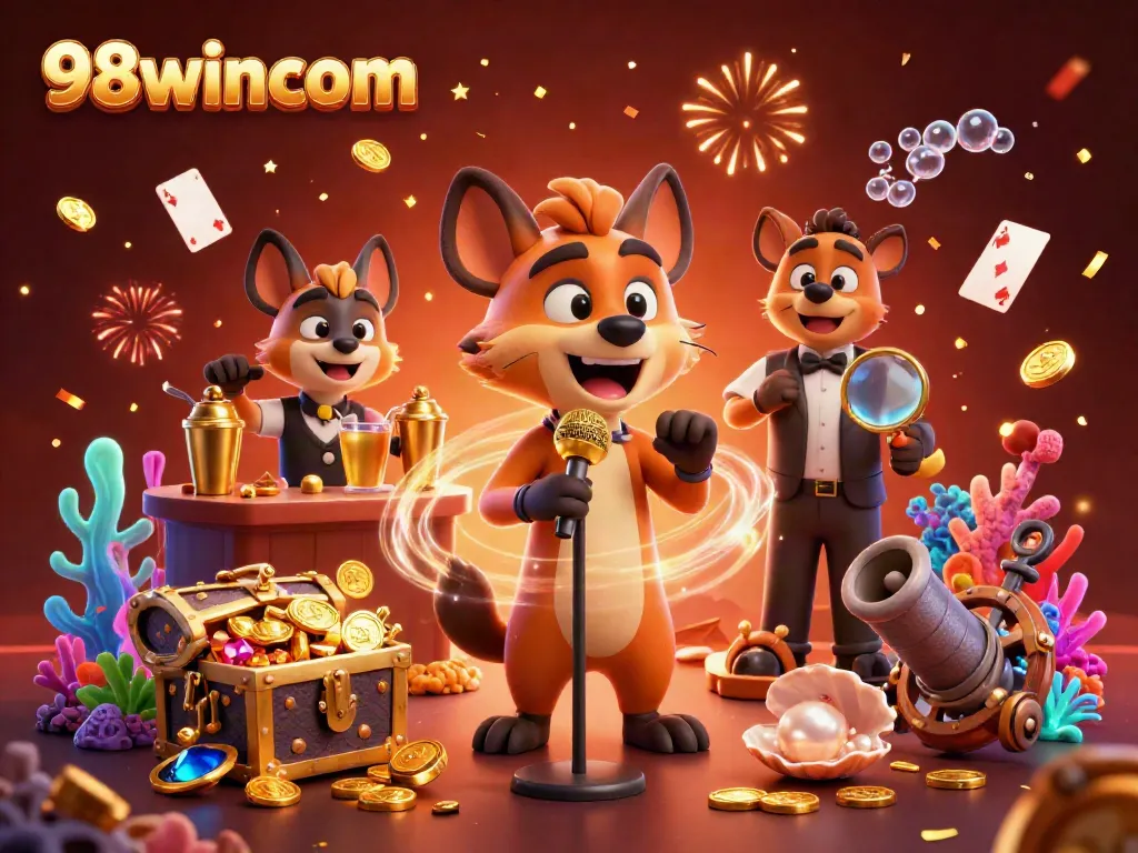 Experience the vibrant comedy casino club atmosphere at 98wincom with hyenas performing and celebrating with treasure elements.