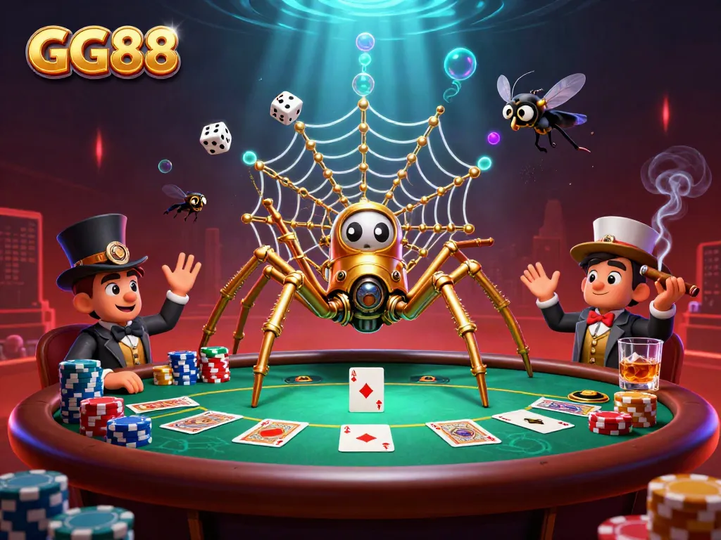 Engage with GG88's thrilling atmosphere featuring a golden spider and dice captured in a web of poker.