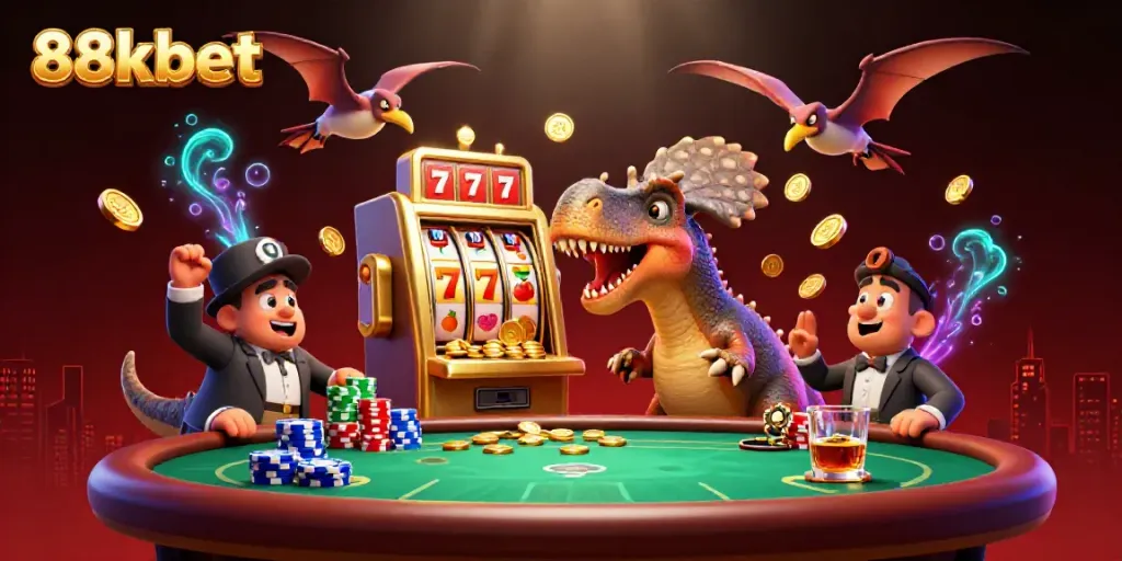 Experience jackpot excitement with 88kbet as a dinosaur headbutts a golden slot machine and coins fly.