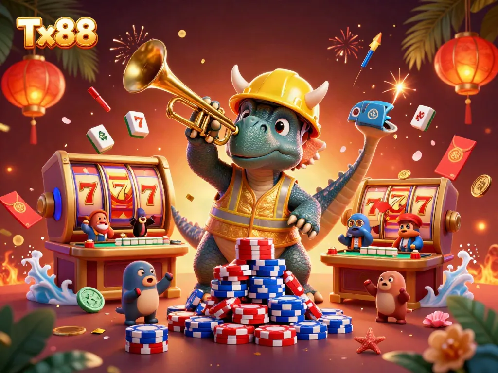 Experience the excitement of Tx88 with a joyful triceratops and friends celebrating at a vibrant casino scene.