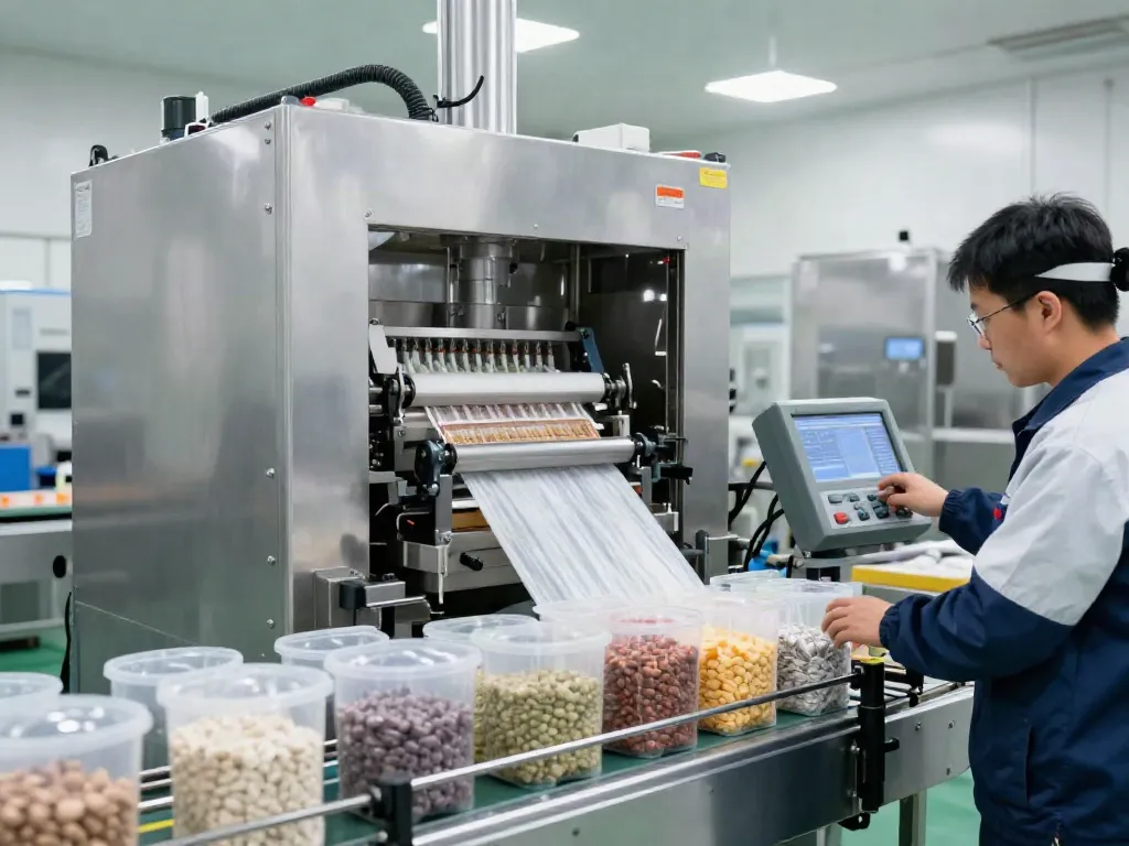 Open mouth bag filling machine filling bags on a conveyor system in a modern industrial setting