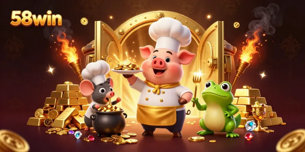 Engage with 58win’s casino world as a chef pig serves gold coins amidst sparkling treasures.