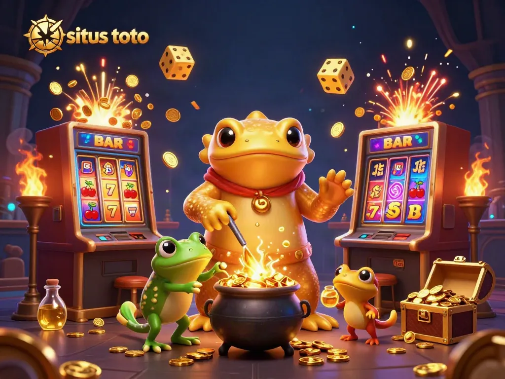 Spin to win with situs toto featuring vibrant 3D alchemist and slot machines in a mesmerizing casino setting.