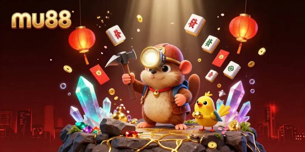 Experience the thrilling world of mu88 online gaming with a vibrant illustration of a treasure-hunting mole and his canary companion.