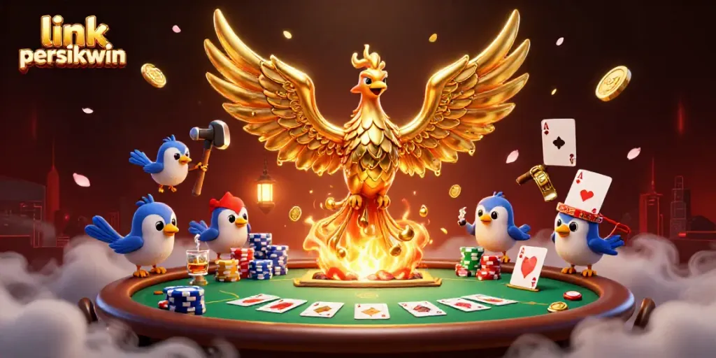 Visualisasi kasino yang menampilkan link persikwin dengan phoenix emas dan permainan poker mewah.