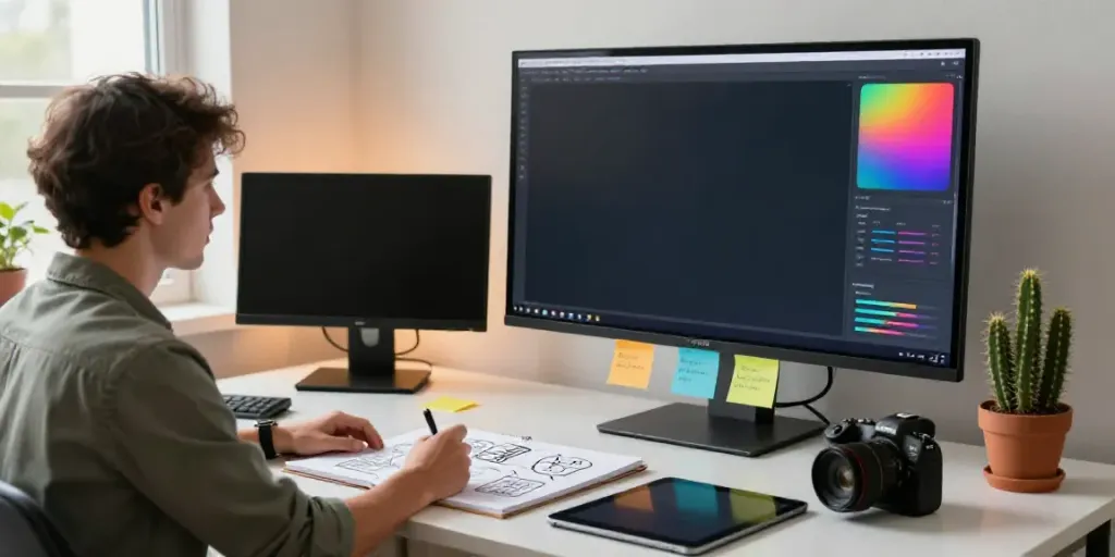 Creating stunning visuals with an AI marketing image generator in a modern workspace.
